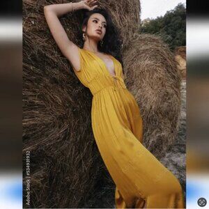 Zara Gold Yellow Satin Pleated Jumpsuit